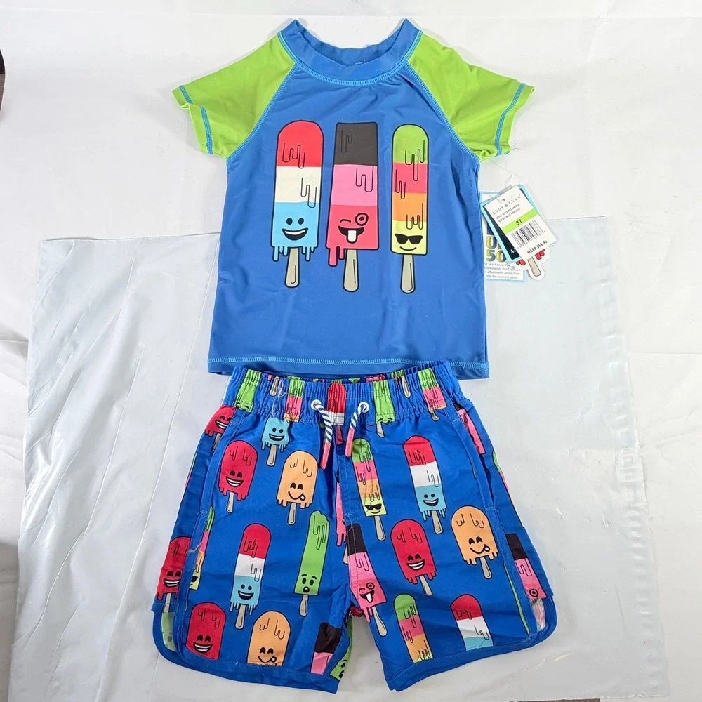 Andy &‎ Evan Boys 3T Blue Popsicle Rash Guard Swim Trunk Set UPF 50+ NWT